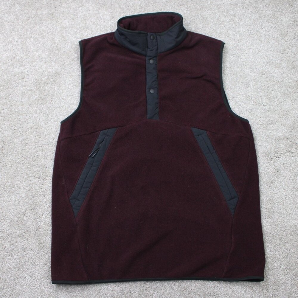 Hill City Vest Mens Medium Burgundy Fleece Zip Pockets Casual T‎ Snap Pullover